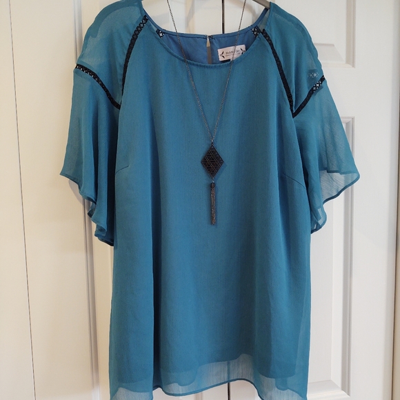 Nanette Lepore Tops - 🏖 Rene teal & black tee with sheer flutter sleeve